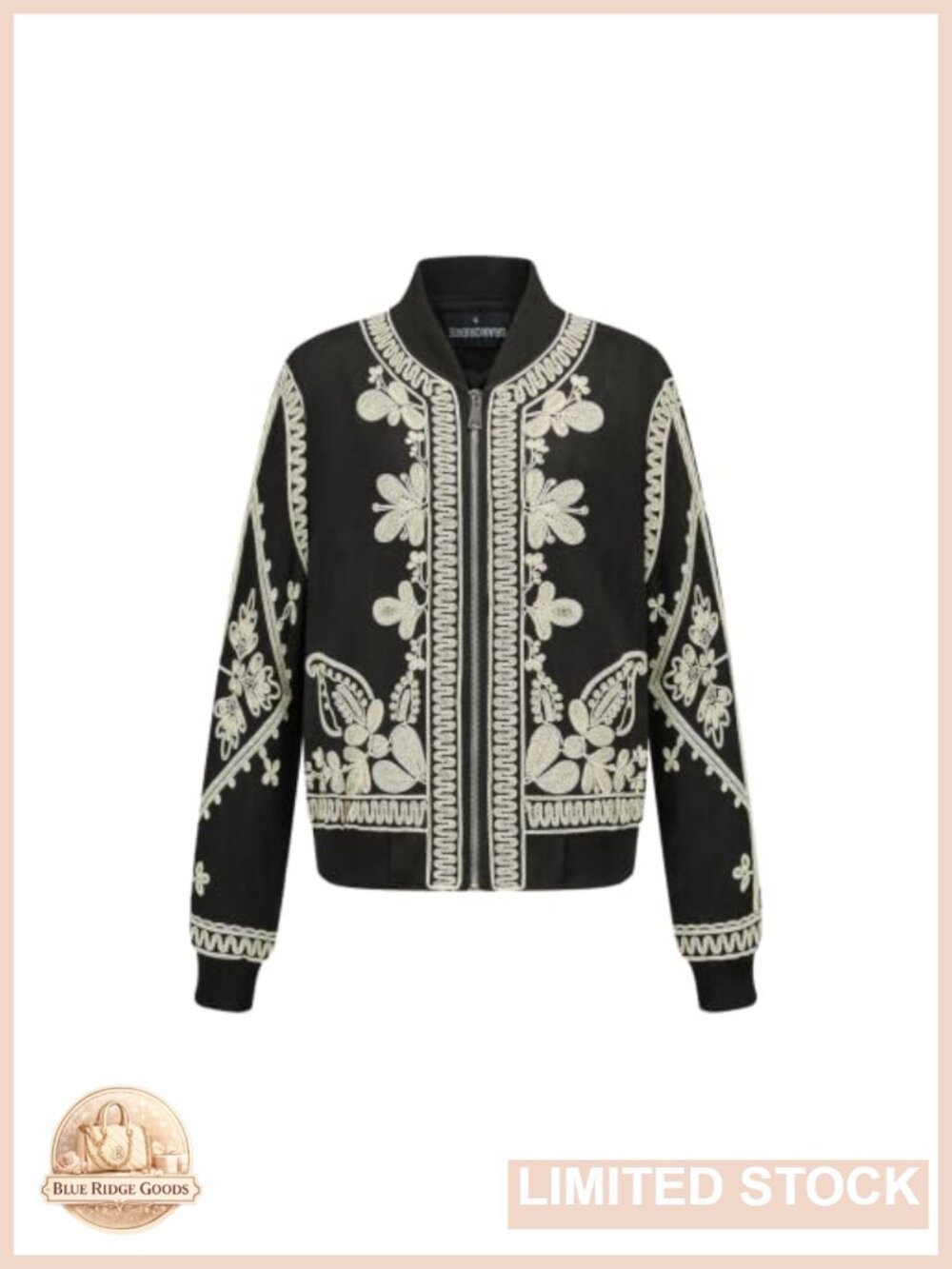 Embroidered Suede Bomber Jacket Cropped Zip Up Casual Fall
